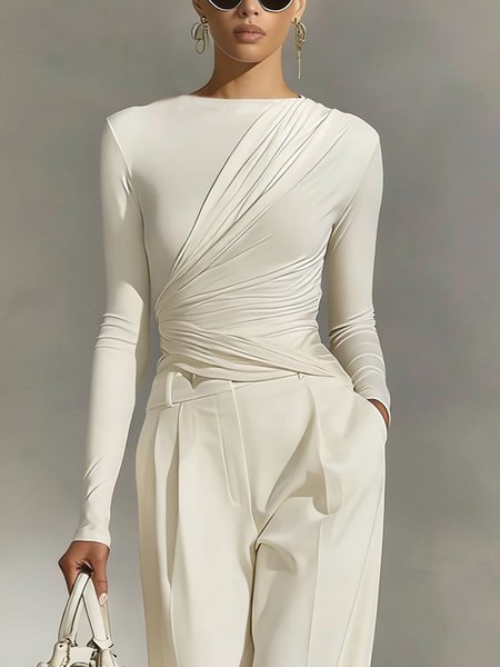 

Cotton Urban Plain Ruched Mock Neck T-shirt, White, Tees