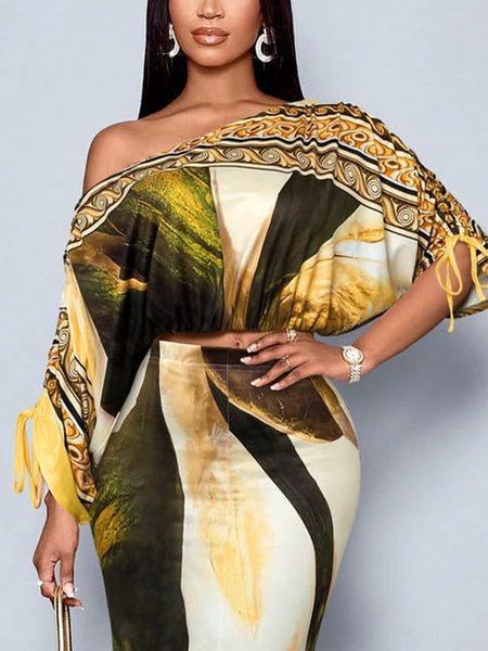 

Vacation Botanical Pattern Printing Off The Shoulder Raglan Sleeves Blouse, As picture, Blouses and Shirts