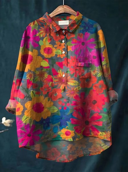 

Shawl Collar Long Sleeve Floral Pattern Regular Loose Shirt For Women, Red, Shirts