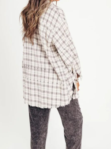 

Shirt Collar Long Sleeve Plaid Regular Loose Shirt For Women, White, Shirts