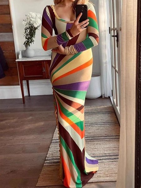 Elegant Colorblock Printing Square Neck Maxi Dress