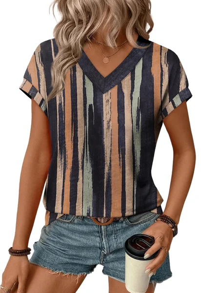 

Casual Striped V Neck Short Sleeve T-shirt, Multicolor, T-shirts