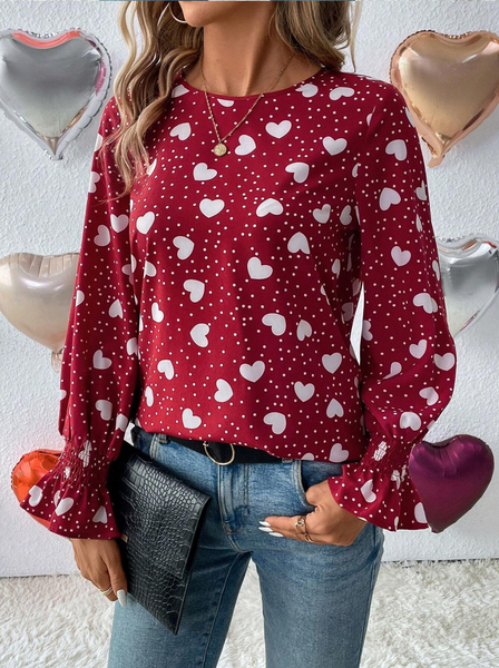 

Crew Neck Long Sleeve Polka Dots Regular Loose Blouse For Women, Red, Blouses
