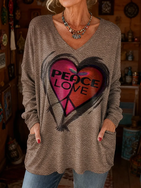 

Women Heart/Cordate Long Sleeve Tee T-shirt V Neck Printing Vintage Spring/Fall Top, Brown, T-Shirts