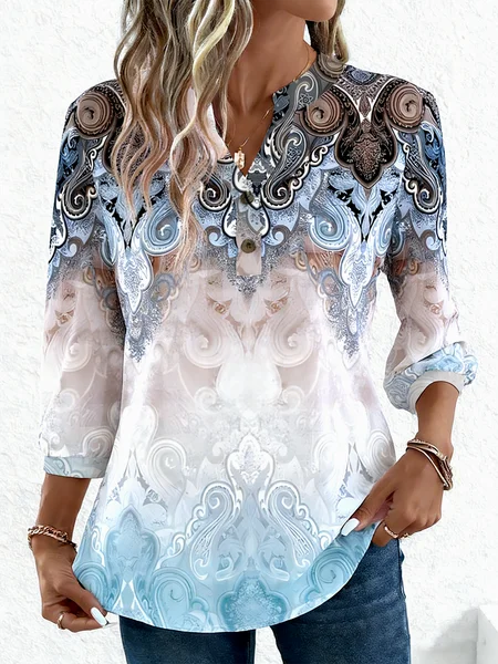 

Elegant Geometric V Neck Three Quarter Sleeve T-shirt, Blue, T-shirts