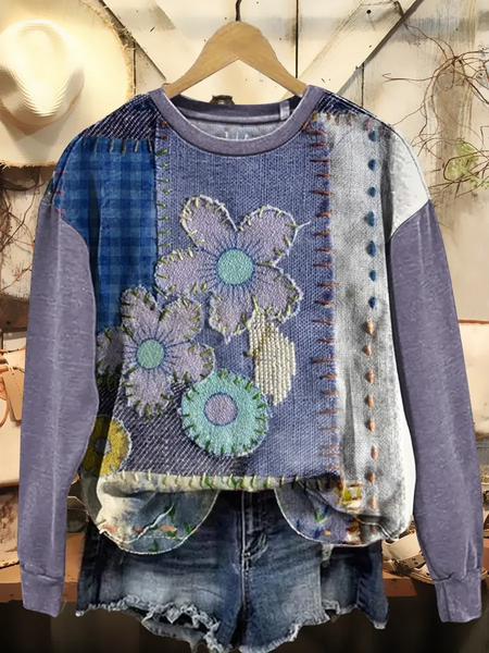 

Casual Crew Neck Floral Sweatshirt Printing, Purple, Hoodies & Sweatshirts
