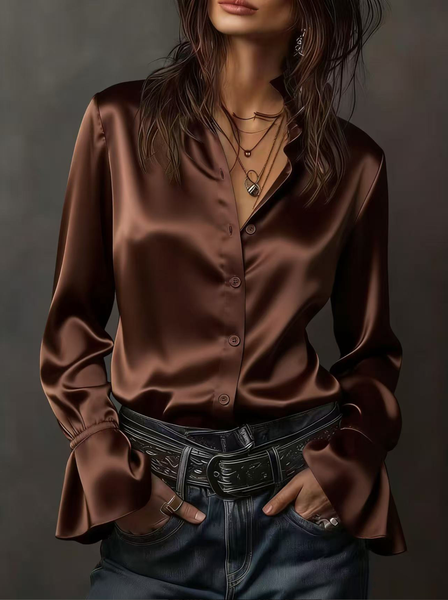 

V Neck Long Sleeve Plain Regular Regular Fit Shirt For Women, Deep brown, Shirts