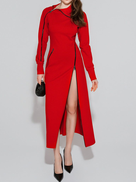 

Urban Plain Irregular Craftsmanship Shawl Collar Maxi Dress, Red, Maxi Dresses