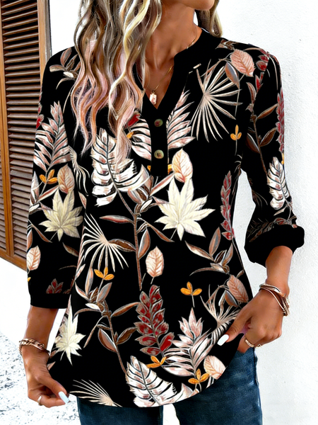 

Elegant Floral V Neck Three Quarter Sleeve T-shirt, Black, T-shirts