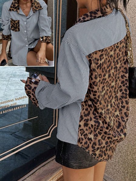 

Shirt Collar Long Sleeve Striped Regular Loose Shirt For Women, Blue, Shirts