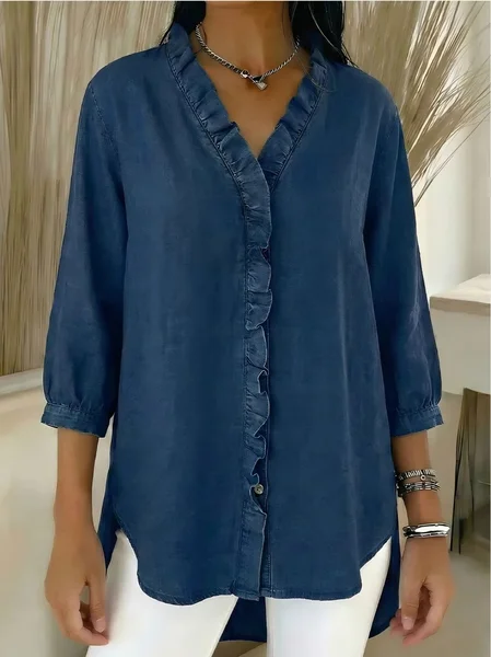 

V Neck Three Quarter Sleeve Plain Regular Loose Blouse For Women, Deep blue, Blouses