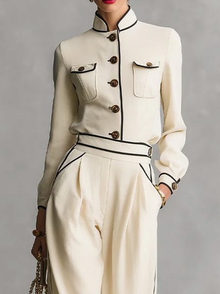 

Urban Color Block Stand Collar Shirt, Apricot, Blouses and Shirts