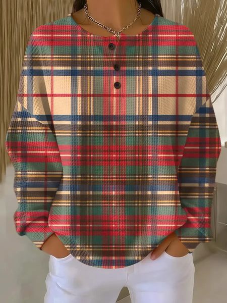 

Casual Crew Neck Plaid Sweatshirt Printing, As picture, Hoodies & Sweatshirts