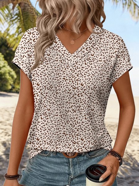 Casual Leopard V Neck Short Sleeve T-shirt
