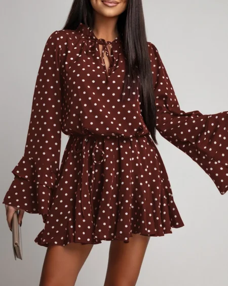 

Women Polka Dots Spring/Fall Dress V Neck Long Sleeve Fit & Flare Dress A-Line Dress, Brown, Short