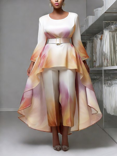 

Elegant Random Print Printing Crew Neck Blouse With Belt, As picture, Blouses and Shirts