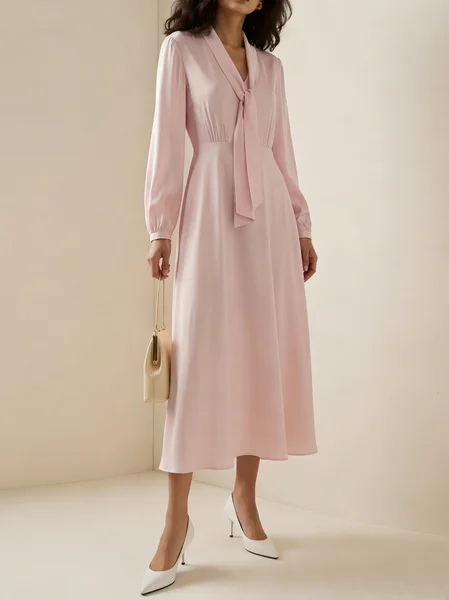 Plain Urban Regular Fit Tie Neck Dress With No