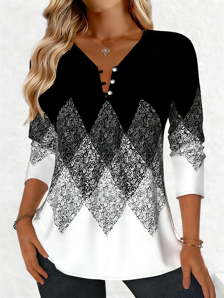 

Elegant Geometric V Neck Long Sleeve T-shirt, Black-white, T-shirts