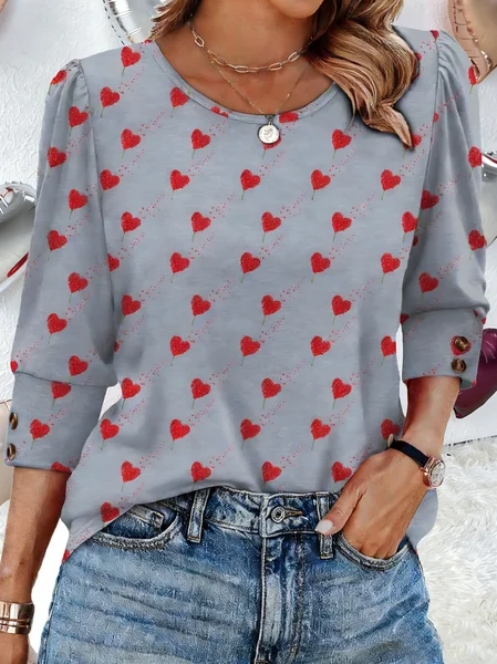 

Casual Heart/Cordate Crew Neck Half Sleeve T-shirt, Gray, T-shirts