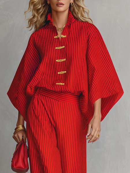 

Elegant Striped Printing Shirt Collar Shirt, Red, Blouses and Shirts