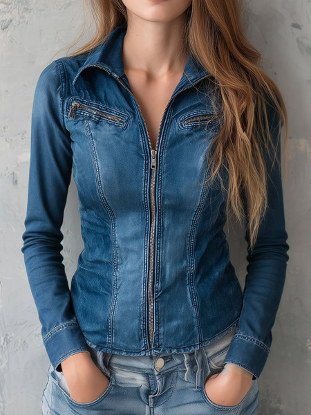 

Urban Plain Zipper Shirt Collar Denim Shirt, Denim blue, Blouses and Shirts