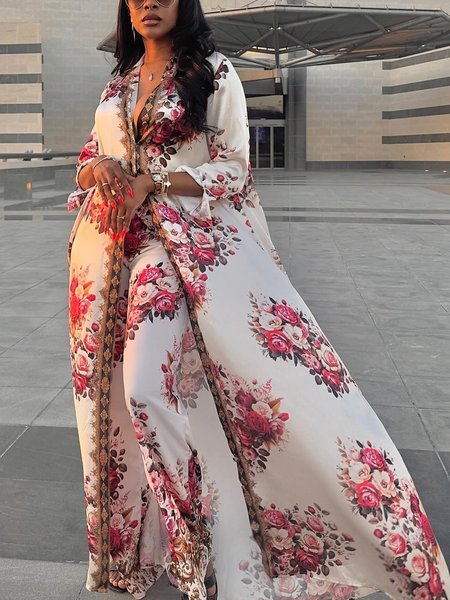 

Vacation Printing Floral Shirt Collar Kimono, As picture, Kimonos