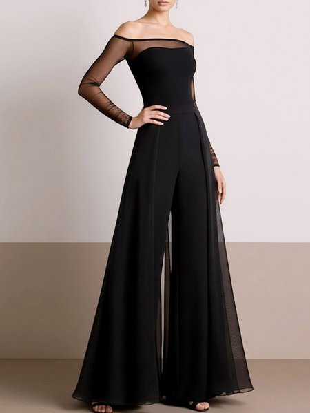 

Elegant Split Joint Plain Off The Shoulder Jumpsuit, Black, Jumpsuits