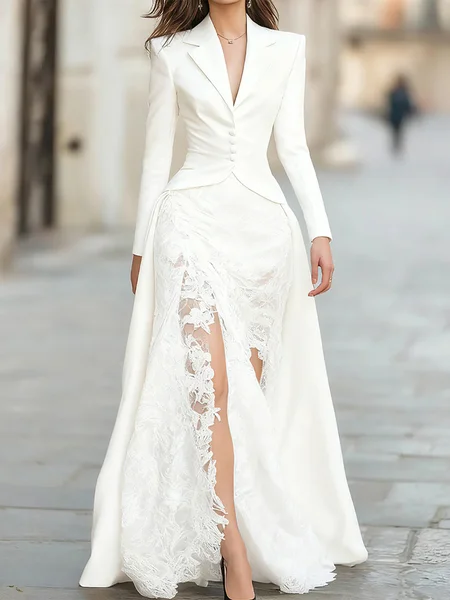 Elegant Plain Split Joint Lapel Collar Maxi Dress