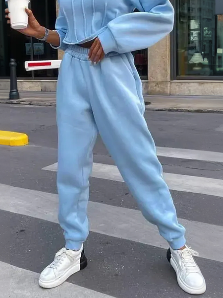 

Casual Plain Ankle Banded Sweatpants, Blue, Pants