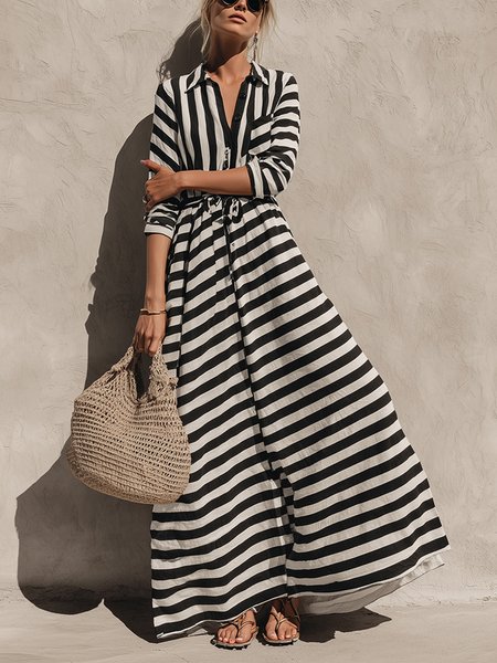 Cotton Casual Striped Shirt Collar Maxi Dress With Belt
