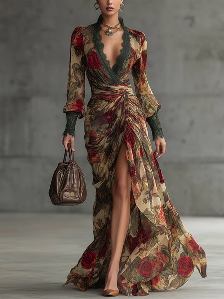 

Elegant Floral Puff Sleeve Slit V Neck Party Maxi Dress, As picture, Cocktail Dresses