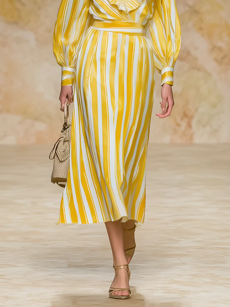 

Casual Printing Striped Midi Skirt, Yellow, Skirts