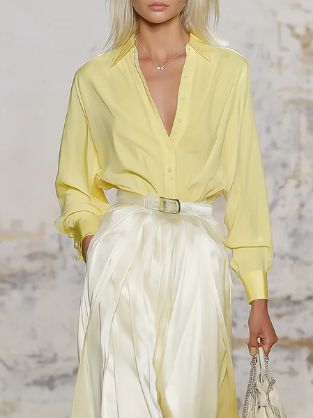 

Satin Urban Plain Buttoned Shirt Collar Shirt, Yellow, Blouses and Shirts