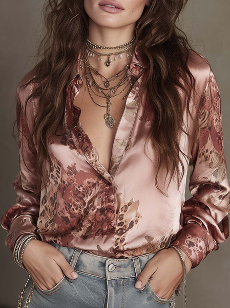 

Satin Elegant Floral Printing Shirt, Pink, Blouses and Shirts