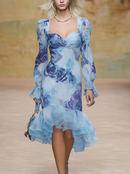 

Elegant Floral Puff Sleeve Printing Sweetheart Neckline Midi Dress, Blue, Maxi Dresses