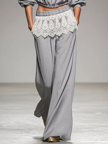 

Casual Color Block Lace Wide Leg Pants, Gray, Pants