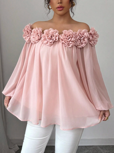 

Chiffon Elegant Floral 3D Floral Off The Shoulder Blouse, Pink, Blouses and Shirts