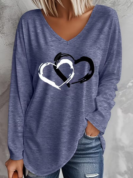 

Casual Heart/Cordate V Neck Long Sleeve T-shirt, Purplish blue, T-shirts