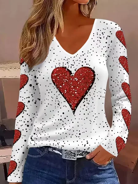 

Women Heart/Cordate Long Sleeve Tee T-shirt V Neck Printing Casual Graphic Tee Spring/Fall Top, White, T-Shirts