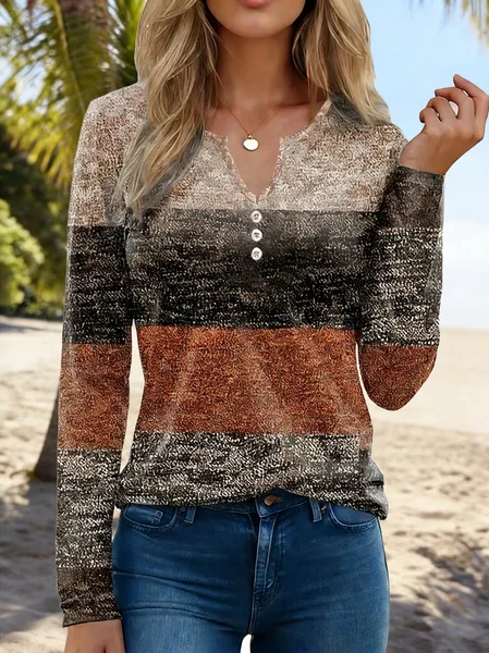 

V Neck Long Sleeve Striped Regular Regular Fit Blouse For Women, Coffee, Blouses