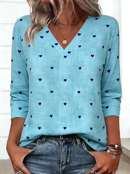 

Casual Heart/Cordate V Neck Long Sleeve T-shirt, Blue, T-shirts