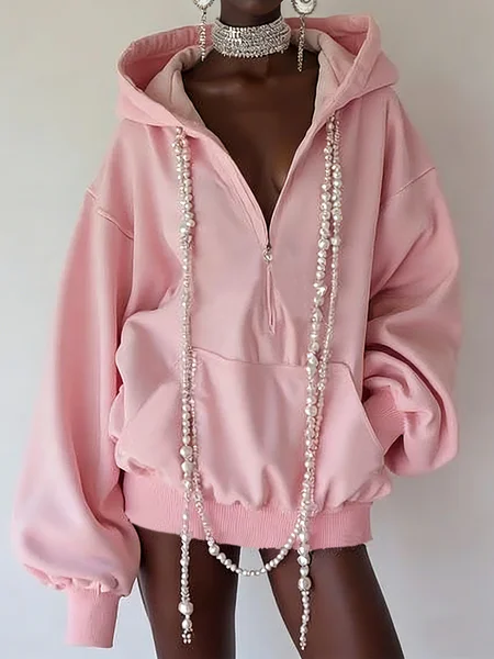 

Cotton Casual Loosen Plain Hoodie With Necklace, Pink, Hoodies and Sweatshirts