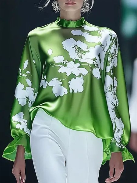 

Satin Elegant Floral Printing Stand Collar Blouse, Green, Blouses and Shirts