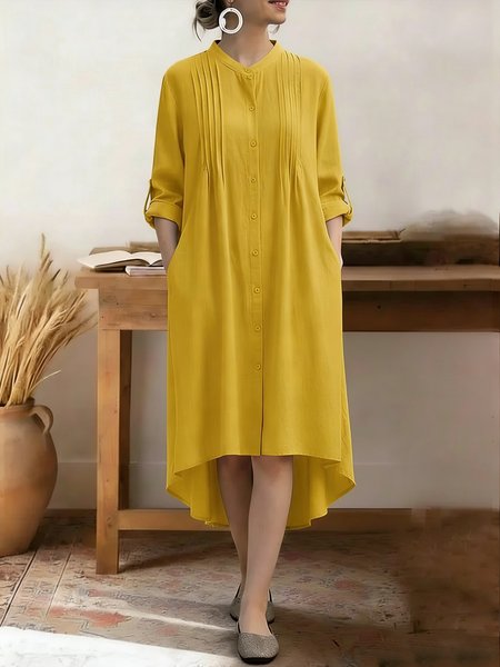 Women Plain Spring/Fall Dress Stand Collar Long Sleeve Shirt Dress H-Line Dress