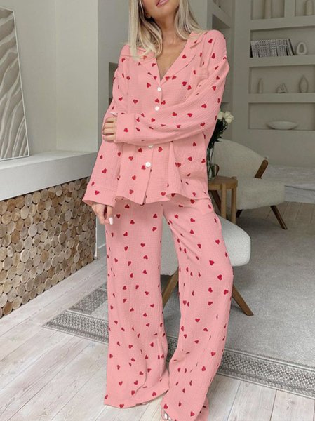 

Heart Print Long Sleeve shirt and Pants Casual Pajama Set, Pink, Sets