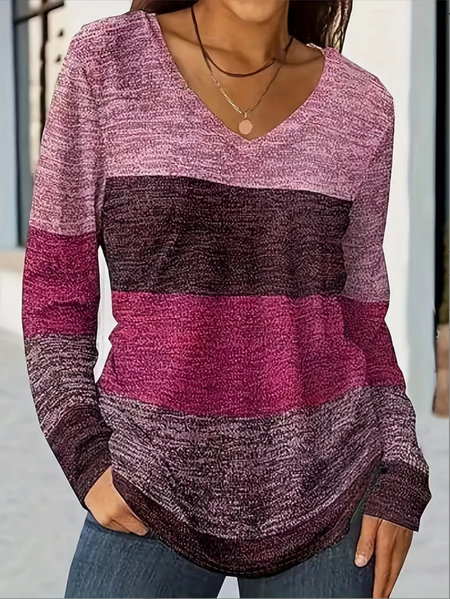 

Casual Striped V Neck Long Sleeve T-shirt, Purple, T-shirts