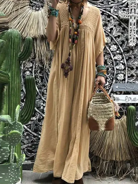 

Vacation Plain V Neck Maxi Dress, Khaki, Maxi Dresses