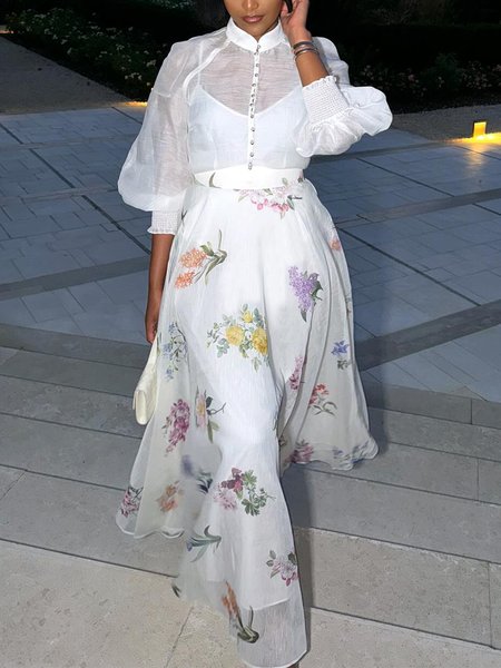 Vacation Floral Balloon Sleeve Printing Stand Collar Maxi Dress No Belt