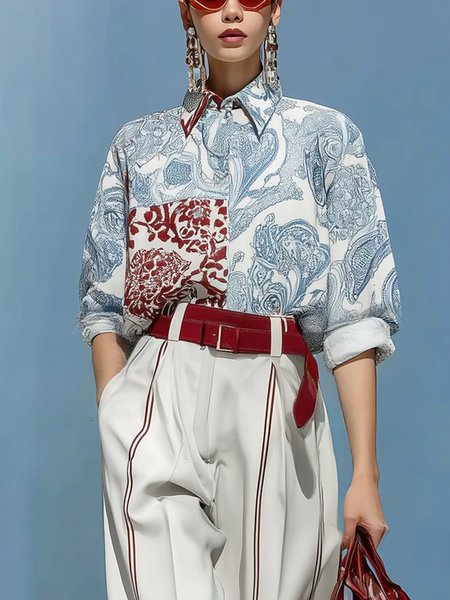 

Urban Floral Printing Shirt Collar Shirt, Blue, Blouses and Shirts