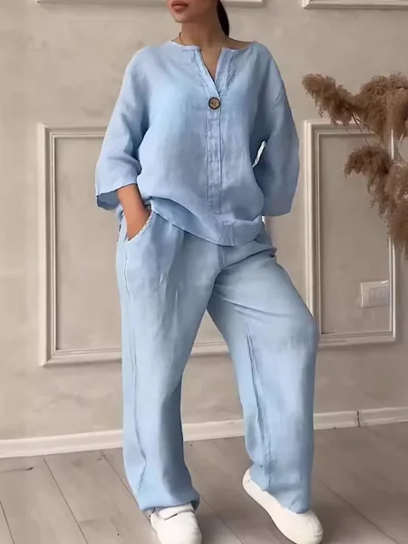 

Casual Plain Crew Neck Two-Piece Set, Blue, Suits